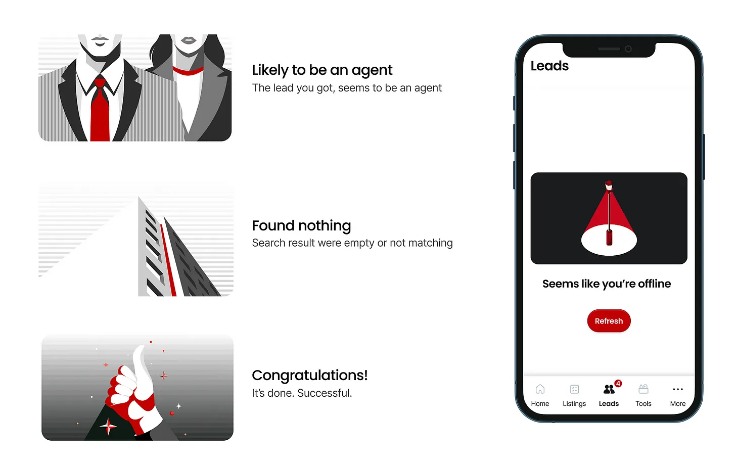 Three HIVE illustrations with their labels: two figures in suits for Likely to be an agent, a receding tower block for Found nothing, and a thumbs-up for Congratulations. Beside them a phone shows an offline state with a parachute illustration and a Refresh button.