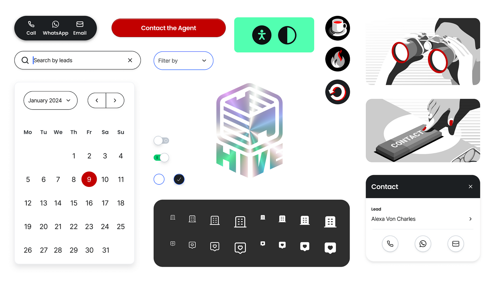 A sheet of HIVE design system components: a call, WhatsApp and email action bar, a red Contact the Agent button, a search field, a filter dropdown, a calendar, toggles and radio buttons, an accessibility control, lead-type icons, sets of building and message icons at eight weights, monochrome illustrations, and the iridescent HIVE cube logo.