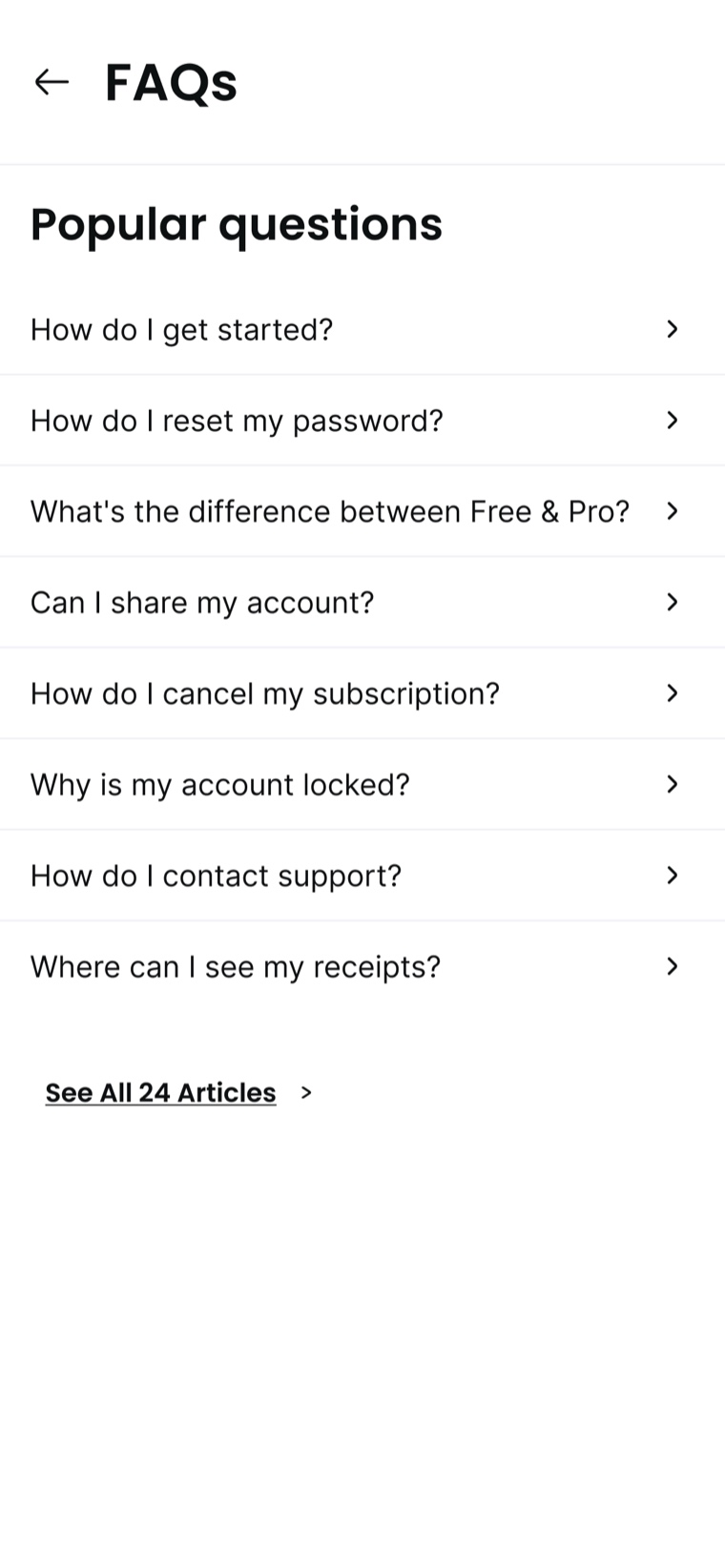 FAQ screen listing popular questions such as How do I get started, How do I reset my password and Why is my account locked, with a See All 24 Articles link at the foot