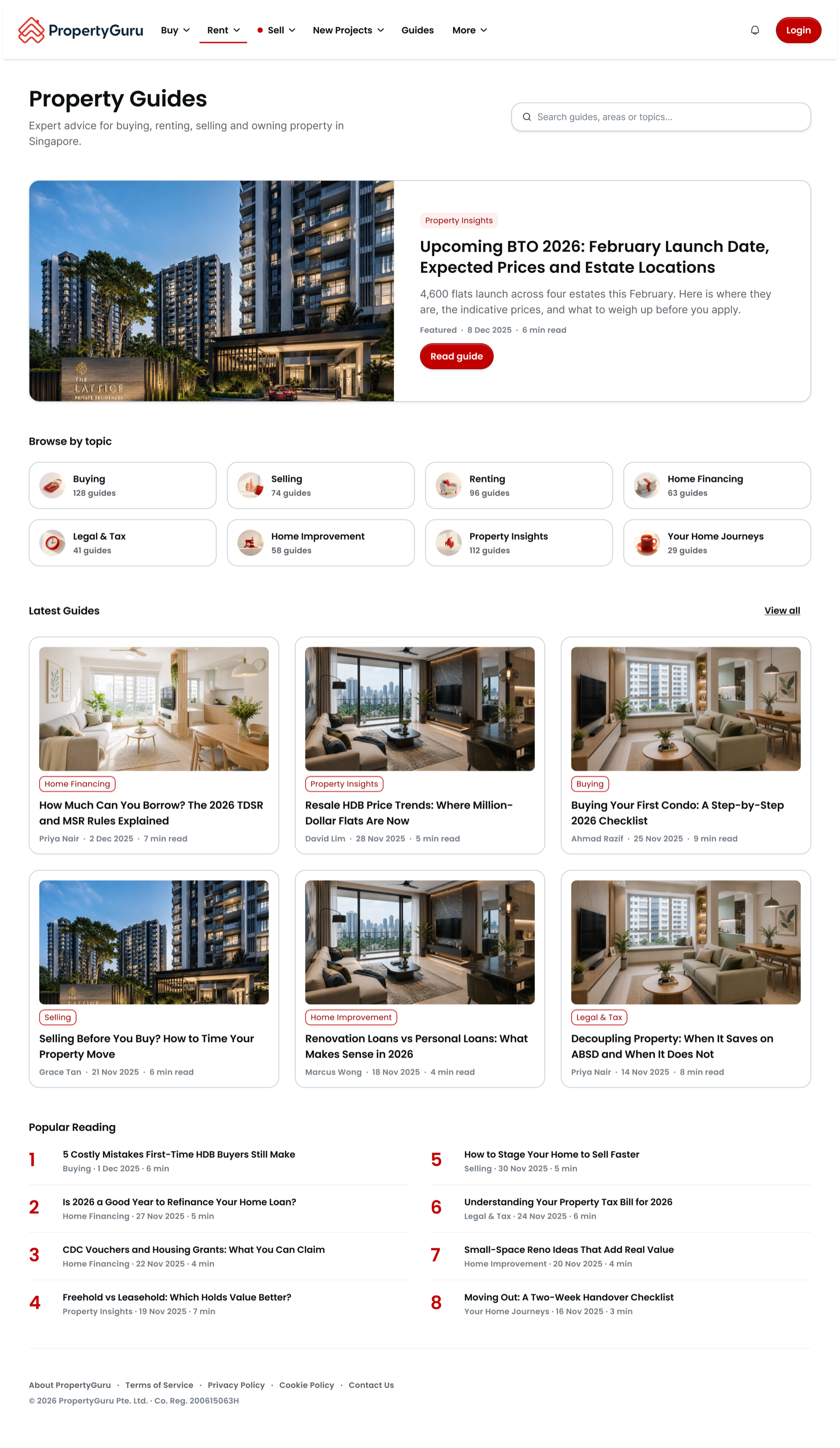 The generated Property Guides hub at desktop width: a featured BTO story across the top, a Browse by topic grid where every tile carries its own guide count, six latest-guide cards with author and reading time, and a numbered Popular Reading column split into two halves at the foot
