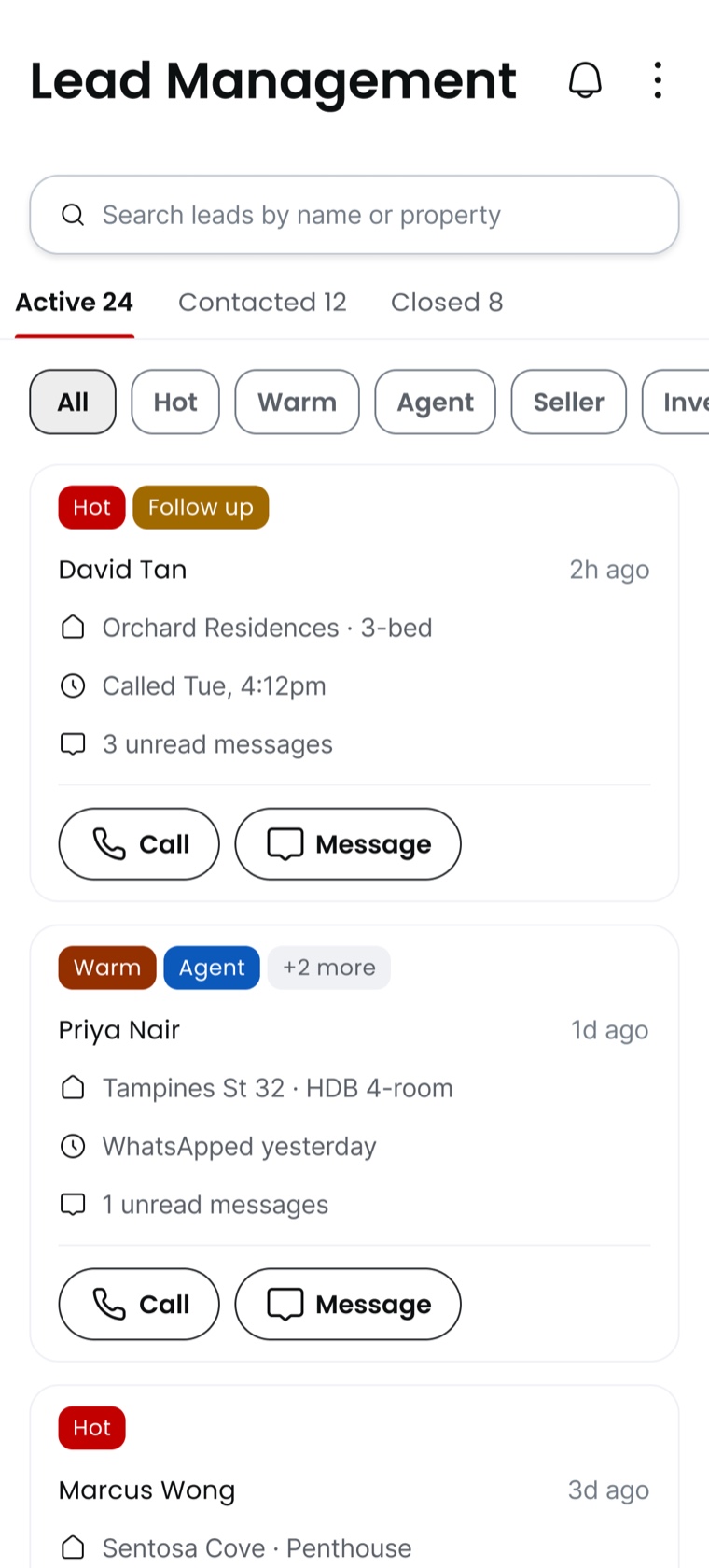 Lead Management screen with a search field, tabs for Active 24, Contacted 12 and Closed 8, filter chips for Hot, Warm, Agent and Seller, and lead cards for David Tan and Priya Nair showing property, last contact, unread count and Call and Message buttons