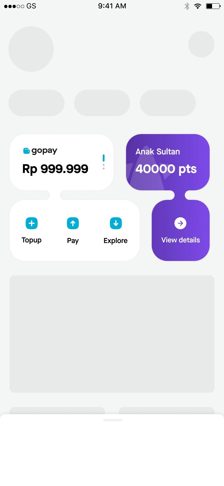 App screen with grey placeholder blocks, a GoPay balance card, and the purple "Anak Sultan 40000 pts" loyalty card with a View details button