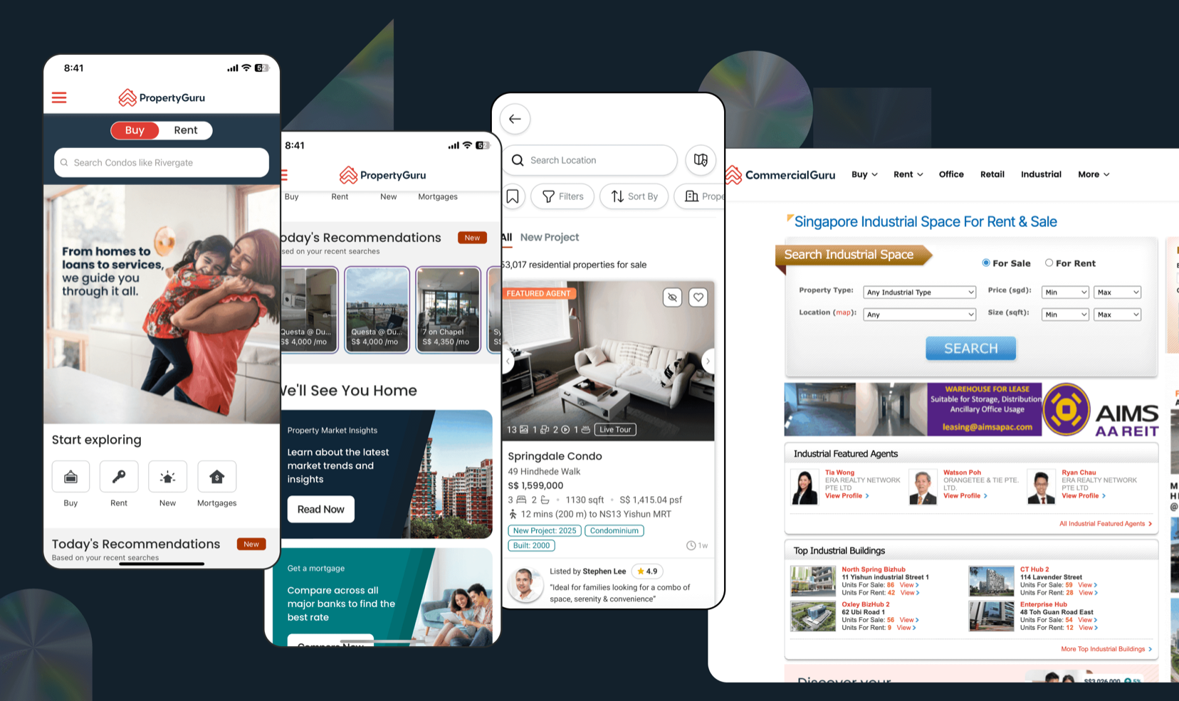 Four overlapping mobile and desktop screens showing inconsistent PropertyGuru and CommercialGuru interfaces, including a DDproperty-style homepage, a listing feed, a property detail view, and an industrial-space search page, each with different visual styling