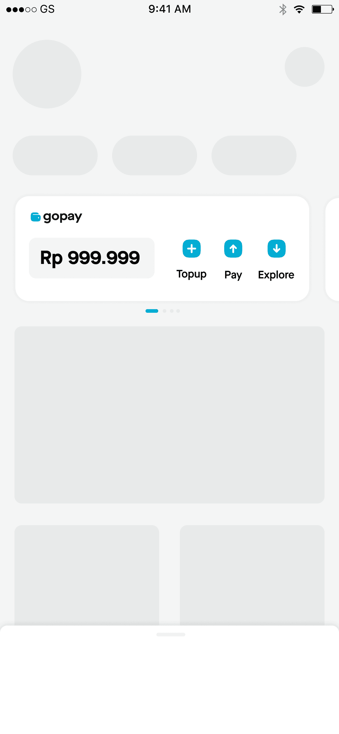 App screen with grey placeholder avatar, pill and content blocks above a GoPay balance card with Topup, Pay and Explore buttons