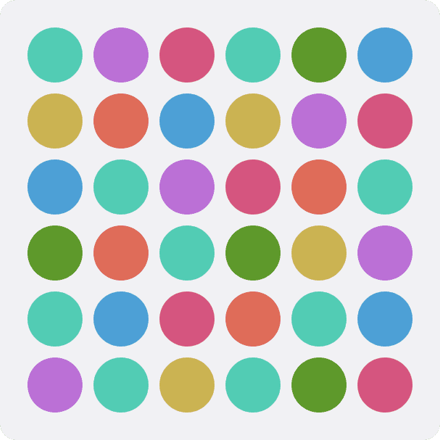 6x6 grid of randomly coloured dots in teal, purple, pink, green, blue and mustard, with no visual hierarchy