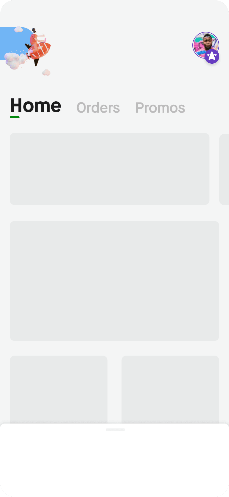 App screen wireframe made of grey placeholder blocks, showing Home/Orders/Promos tabs under a profile avatar