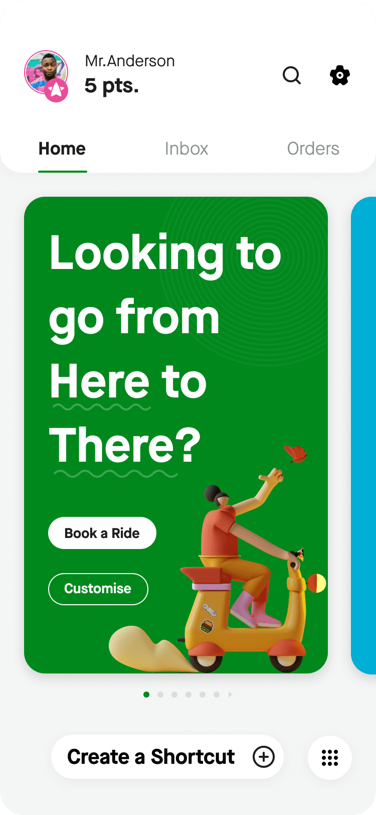 Finished Gojek home screen for "Mr. Anderson" with a green banner reading "Looking to go from Here to There?", Book a Ride and Customise buttons, and an illustration of a person riding a scooter