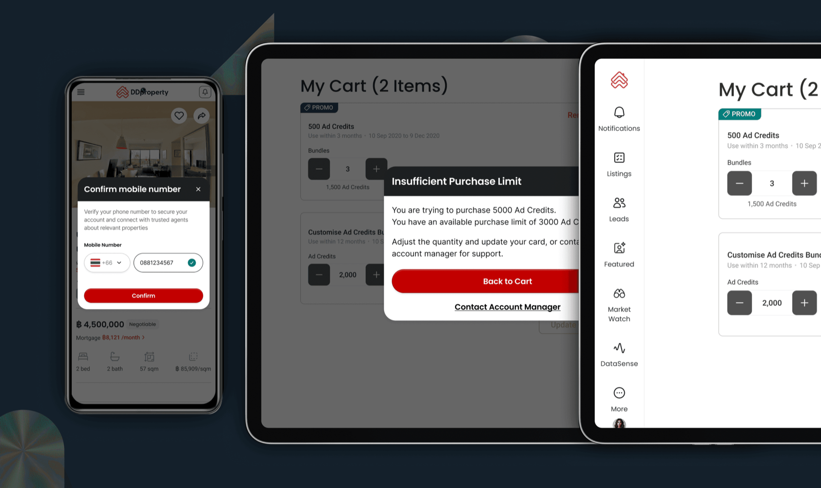 Three overlapping screens showing newer HIVE components layered on older PropertyGuru interfaces: a DDproperty mobile listing with a "Confirm mobile number" dialog, and two AgentNet cart screens with an "Insufficient Purchase Limit" modal