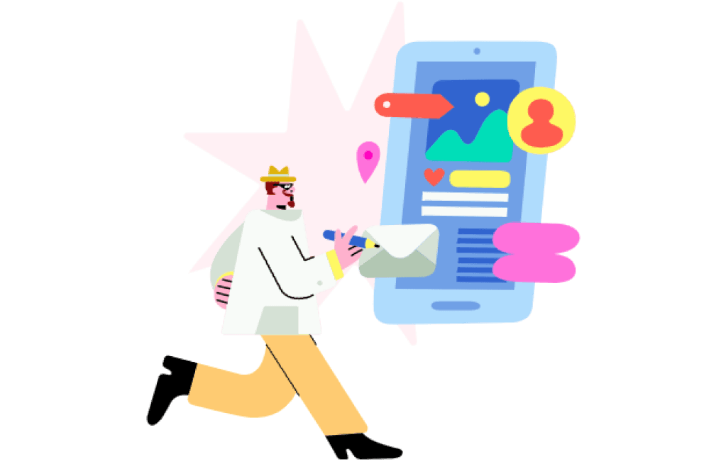 Flat illustration of a person in a hat and coat kneeling and reaching toward a giant smartphone showing an app feed, with a heart, envelope, location pin and profile icons floating around it