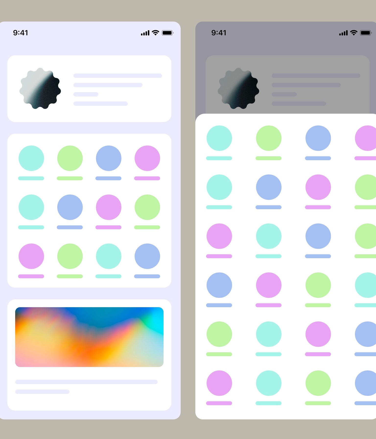 Two overlapping phone-shaped card mockups: one light-purple card with a wavy badge avatar and text-placeholder lines above a grid of colourful circular icons, and beside it a card filled with a colourful abstract gradient blob