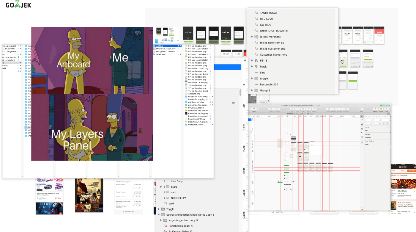 A cluttered screenshot of a Sketch file: two artboards labelled "My Artboard" and "My Layers Panel" using Simpsons meme images of Homer, in front of a sprawling, disorganised layers panel, file browser and a grid of unrelated app screens and event poster thumbnails