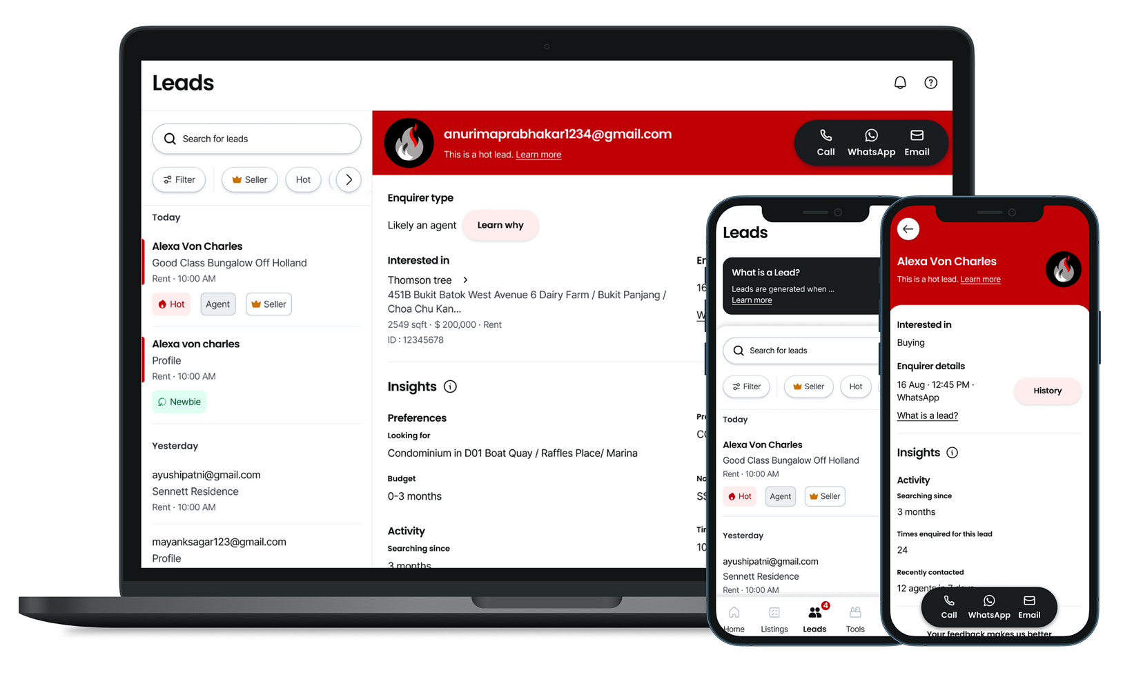 The redesigned Lead Management interface on a laptop and two phones. The lead list sits on the left with Hot, Agent and Seller tags; the detail view shows a red This is a hot lead header, the enquirer type, what they are interested in, and an Insights panel. A floating Call, WhatsApp and Email bar sits over the bottom of each screen.