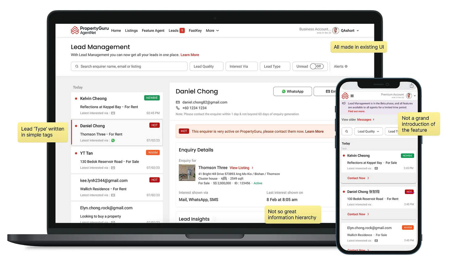 The first version of the Lead Management dashboard on desktop and mobile, marked up with yellow sticky-note annotations reading: All made in existing UI; Lead Type written in simple tags; Not so great information hierarchy; Not a grand introduction of the feature.